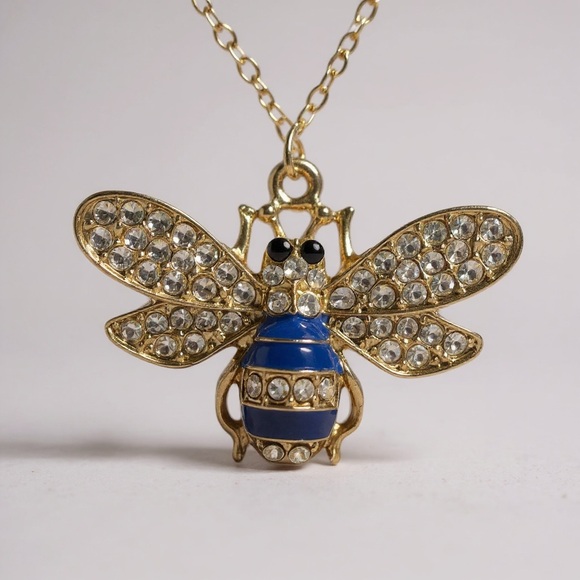 Bee crystal  Gold and Blue Bee charm Necklace - Picture 2 of 6